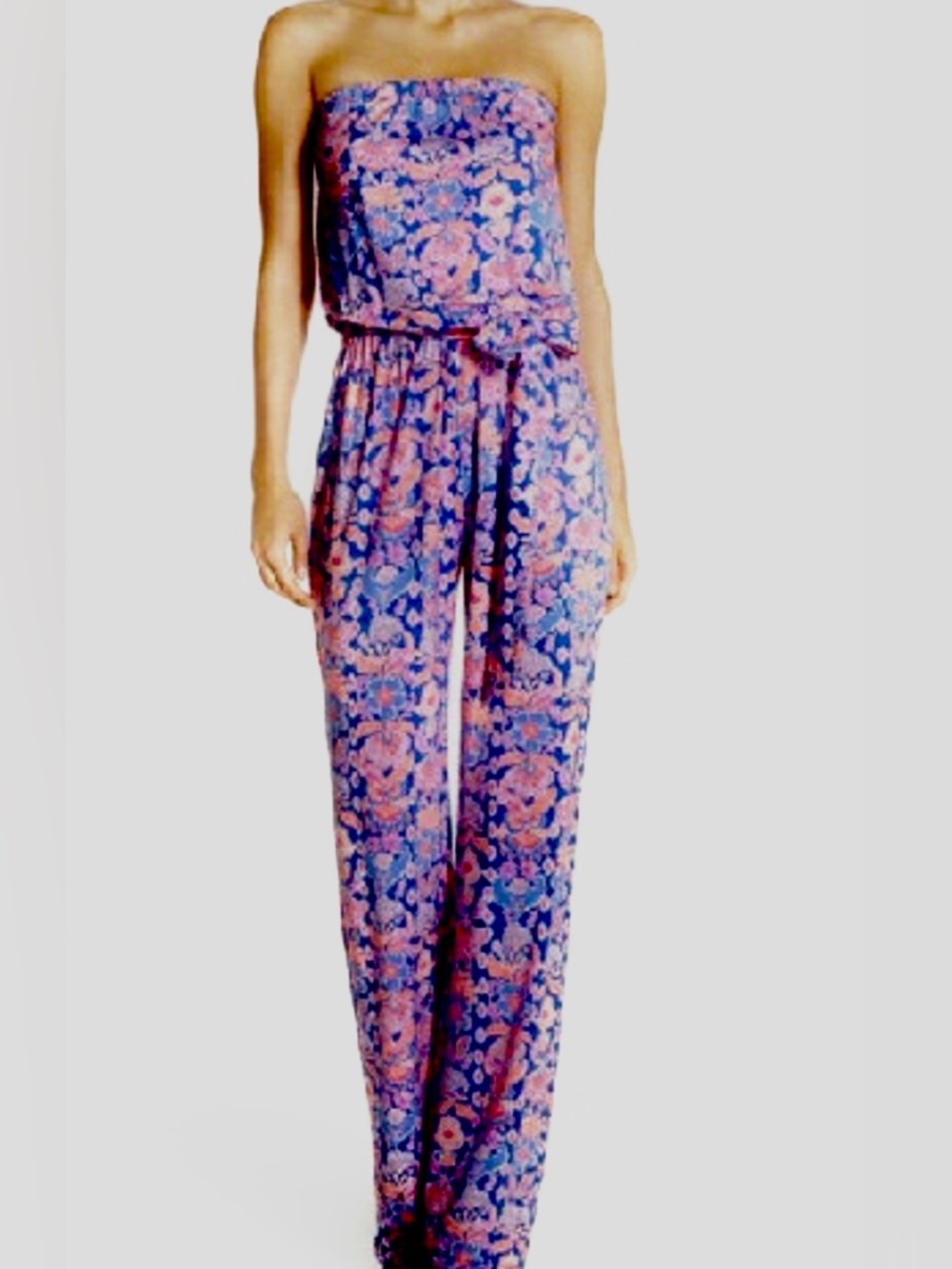 Lilly Pulitzer Tía Iris Blue and Pink Asymmetrical Jersey Strapless Jumpsuit